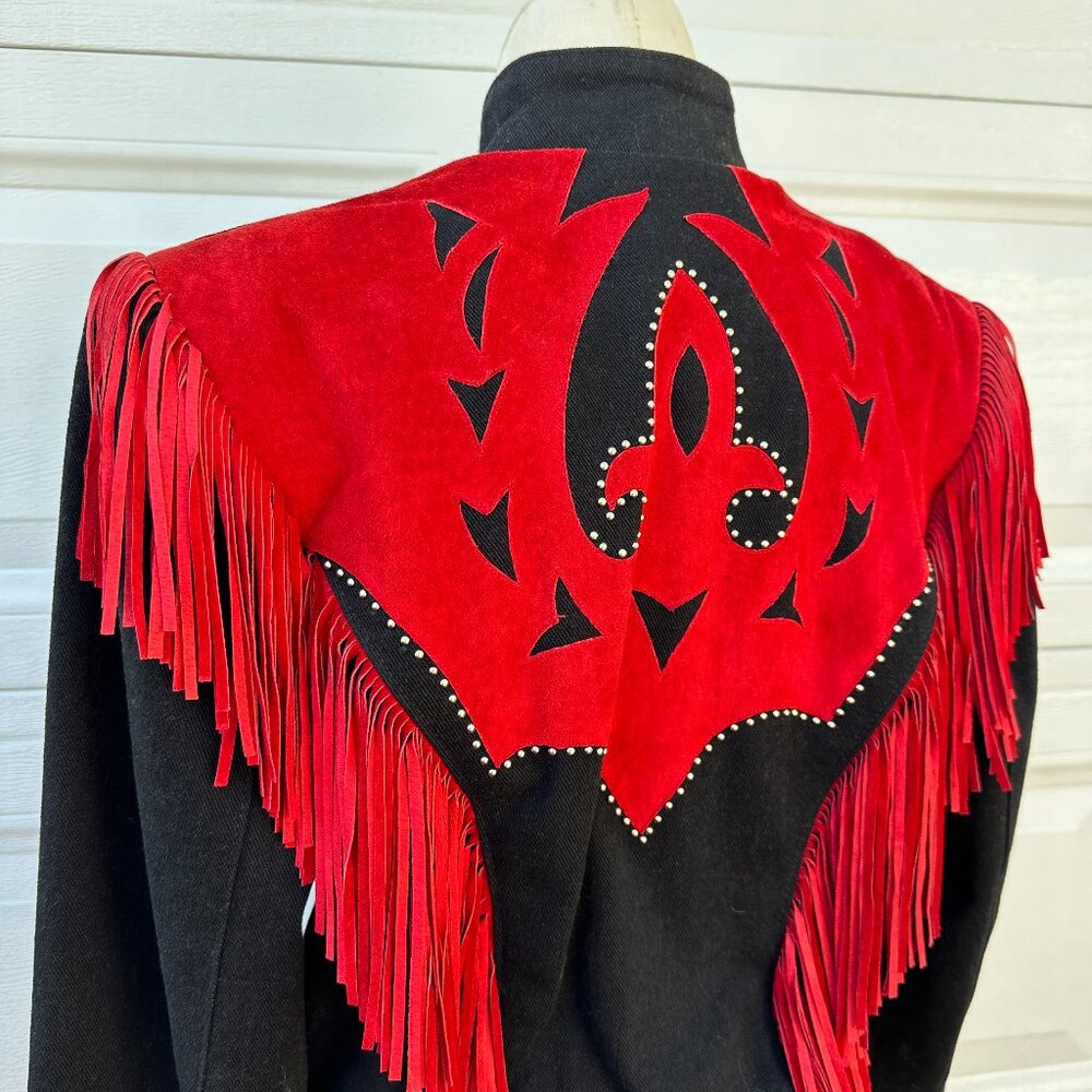 Vtg Western Suede Jacket Coat Tassels Fringe Red Black Corduroy Diamonds Leather - Picture 11 of 15